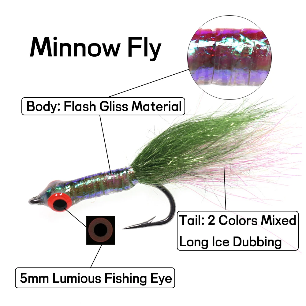 Bimoo 8/9pcs #4 #6 Epoxy 3D Fish Eyes Minnow Streamer Fly Freshwater Saltwater Fishing Flies Trout Bass Pike Fishing Lures Baits