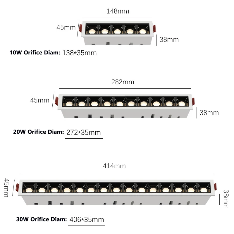 Recessed Bar Rectangle Led Ceiling Grille Light 10W 20W 30W AC110V 220V Led Linear Light OSRAM Chip Spot Lamp Down light