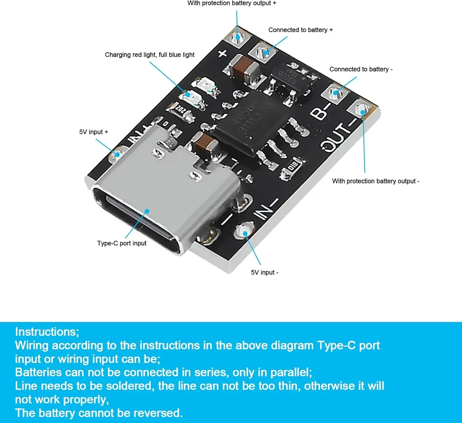 SAFE & SMALL USB-C Li-ion Battery Charger Board 3.7V 4.2V 1A Automatic Charge Stop with Protection Plug & Play for 18650 Battery