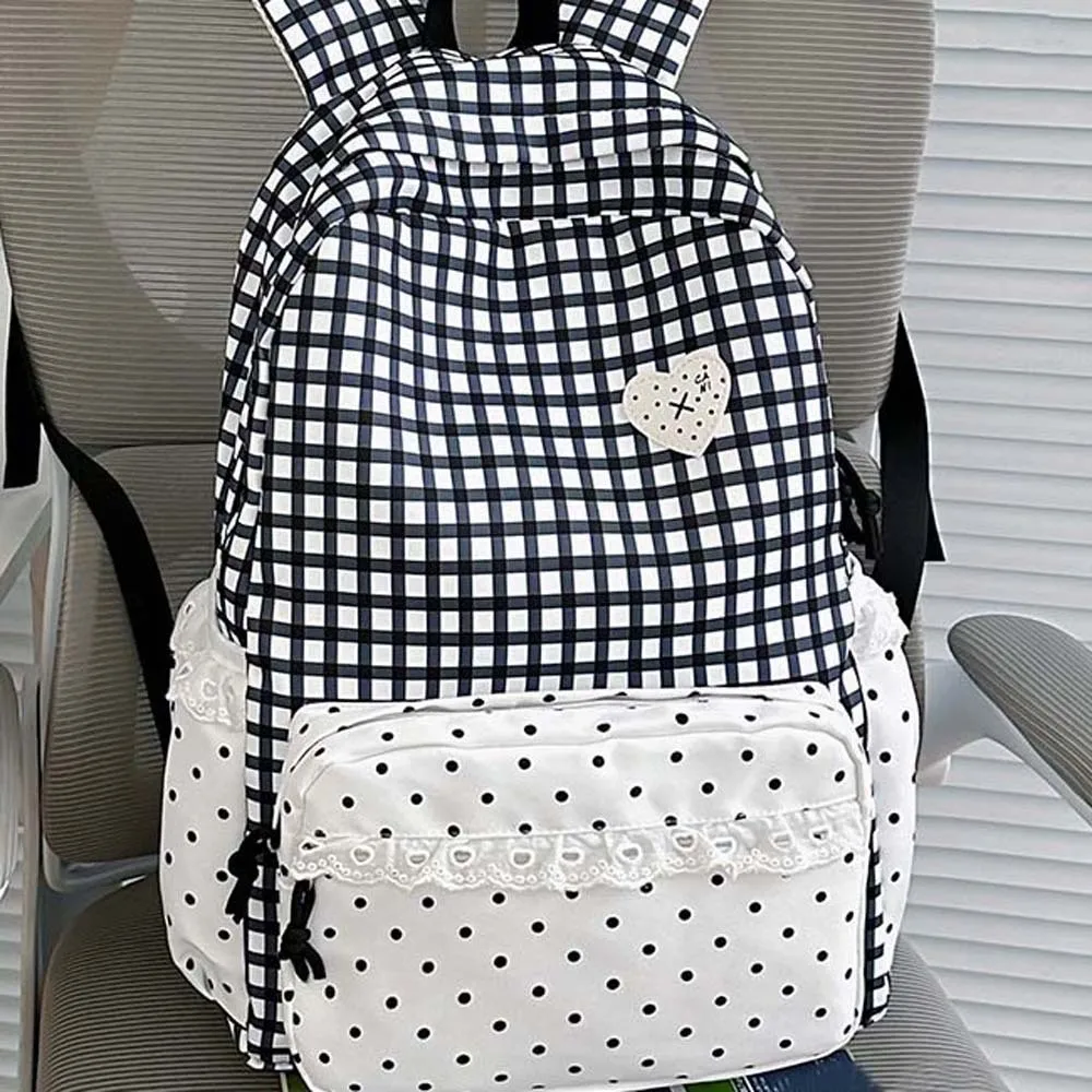 Korean Style Gingham Backpack Pastel Colors Ruffle Design Lace Schoolbag Adjustable Straps Polka Dot Plaid Daypack Daily Travel