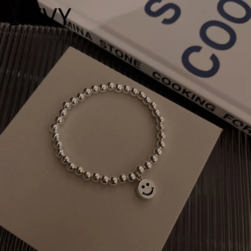 LIVVY Silver Color Fashion Simple Small Round Beaded Bracelets Bangles for Women Smiling Face Pendant Jewelry Adjustable