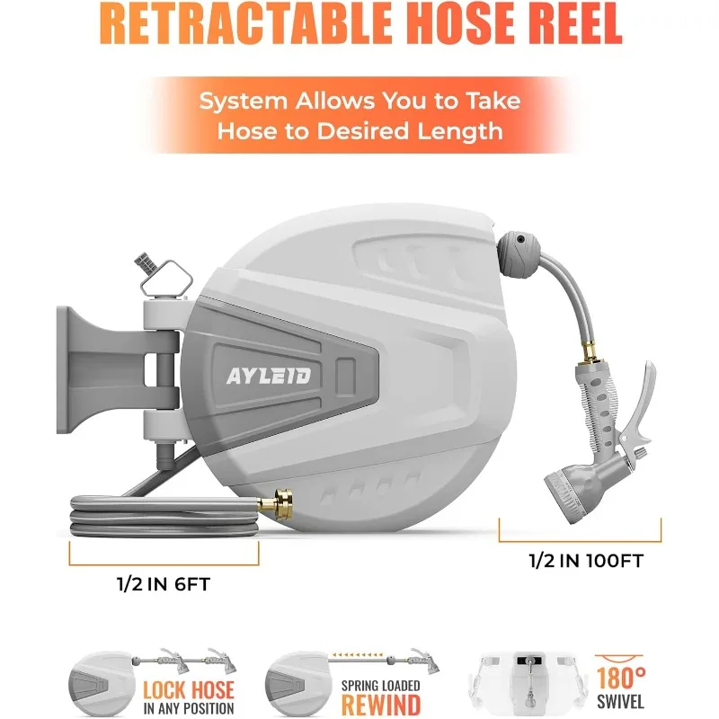 Retractable Garden Hose Reel,1/2 in x 100 ft Wall Mounted Hose Reel, with 9- Function Sprayer Nozzle, Any Length Lock