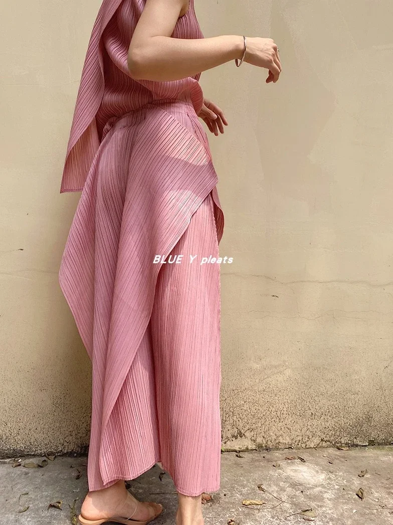 Women Miyake Pleated Fold 2024 Summer Autumn Limited Pink Irregular Suits Designer Aesthetic Clothes Wide Leg Streetwear