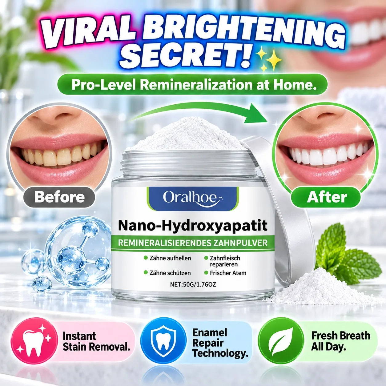 Winter Whitening Tooth Powder 10% Hydroxyapatite Remineralizing Cool Mint Enamel Repair Fresh Breath Dental Mouth Care Whitening