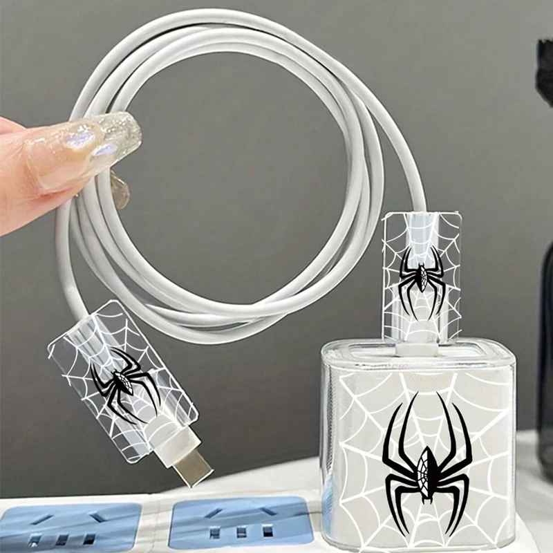 Transparent Charger Spider Case for Apple iPhone, Data Wire Winder, Cable Protectors Port, Breakproof Protectors, 18W, 20W, 1Set