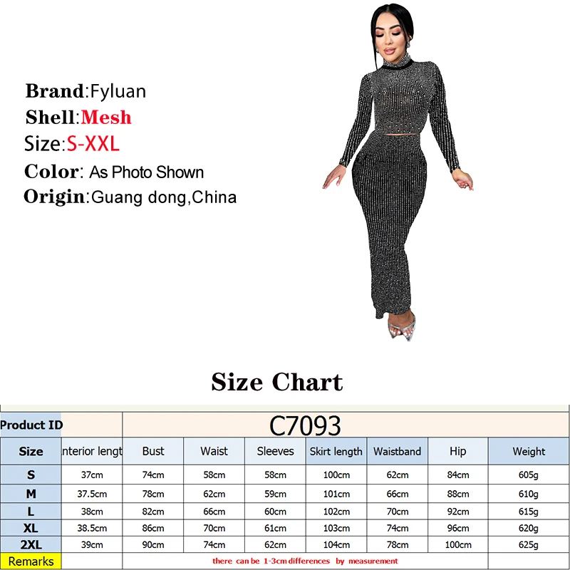 High Quality Women O Neck Long Sleeve Outfits Crop Top Rhinestones Decor Rear Slits SkirtBirthday Outfit Nightclub Two Piece Set