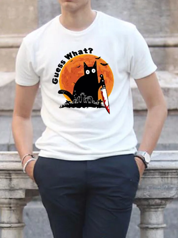 Guess Cat What Murderous T Shirt Mens Tops 100 Cotton Halloween Vintage T Shirt Black Cat With Knife Unisex Clothes Streetwear