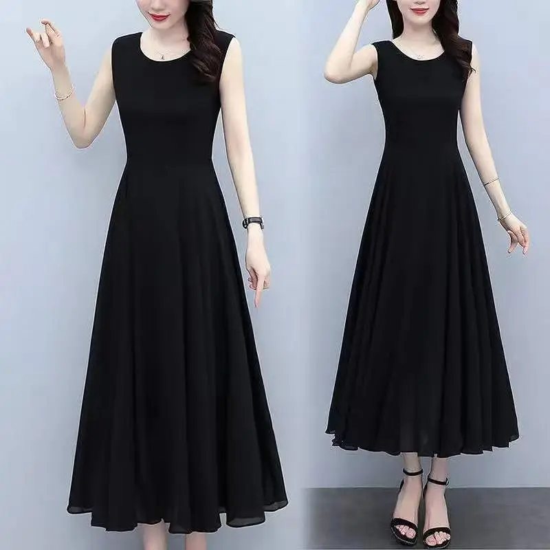 Zomer Nieuwe Mouwloze Zwarte Plus Size Dames Jurken Effen Kleur O-hals Eenvoud Casual Jurken Vintage Mode Vrouwen Kleding