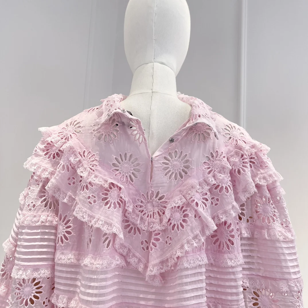 2024 Spring Summer Hollow Out Embroidery Lace Patchwork Floral Half High Collar Three Quarter Sleeve Cotton Two-piece Blouse