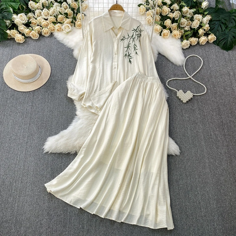 

New Chinese Style Popular Bamboo Leaf Embroidery Lapel Long Sleeved Sunscreen Shirt and High Waist Slim Skirt Two-Piece Set