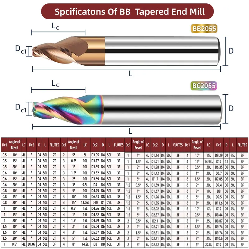 BB Carbide Tapered End Mill Angular CNC Machning Cutter Metal Router Bit 0.5 1 1.5 2 3 8 10 15 Degree