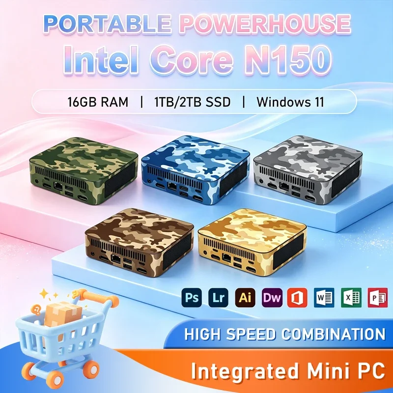Windows 11 Mini Portable Pc Intel Core N150 Computer 16GB RAM 1/2TB SSD WIFI 6 BT5.2 4K 60Hz HD Gaming Office Study Pc