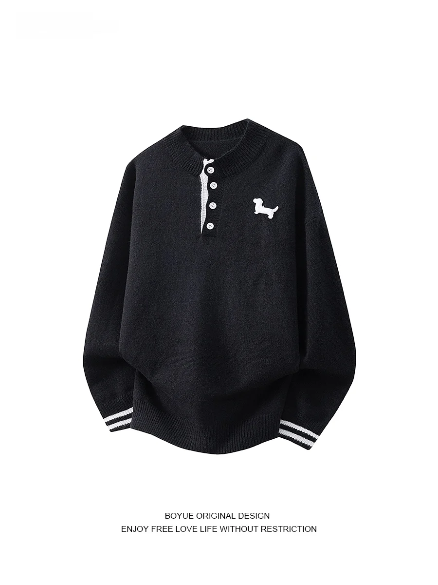 

BOYUE Casual Knitted Sweater with Henry Collar Embroidered Sausage Dog Design Autumn Winter Men's Long Sve Crew Ne Top
