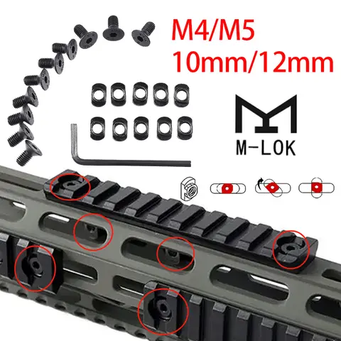 10개입 M4 M5 12/10mm 나사 M-LOK 스크류 너트 교체 레일 육각 렌치 T-너트 스크류 핸드가드 피카티니 레일 섹션 액세서리