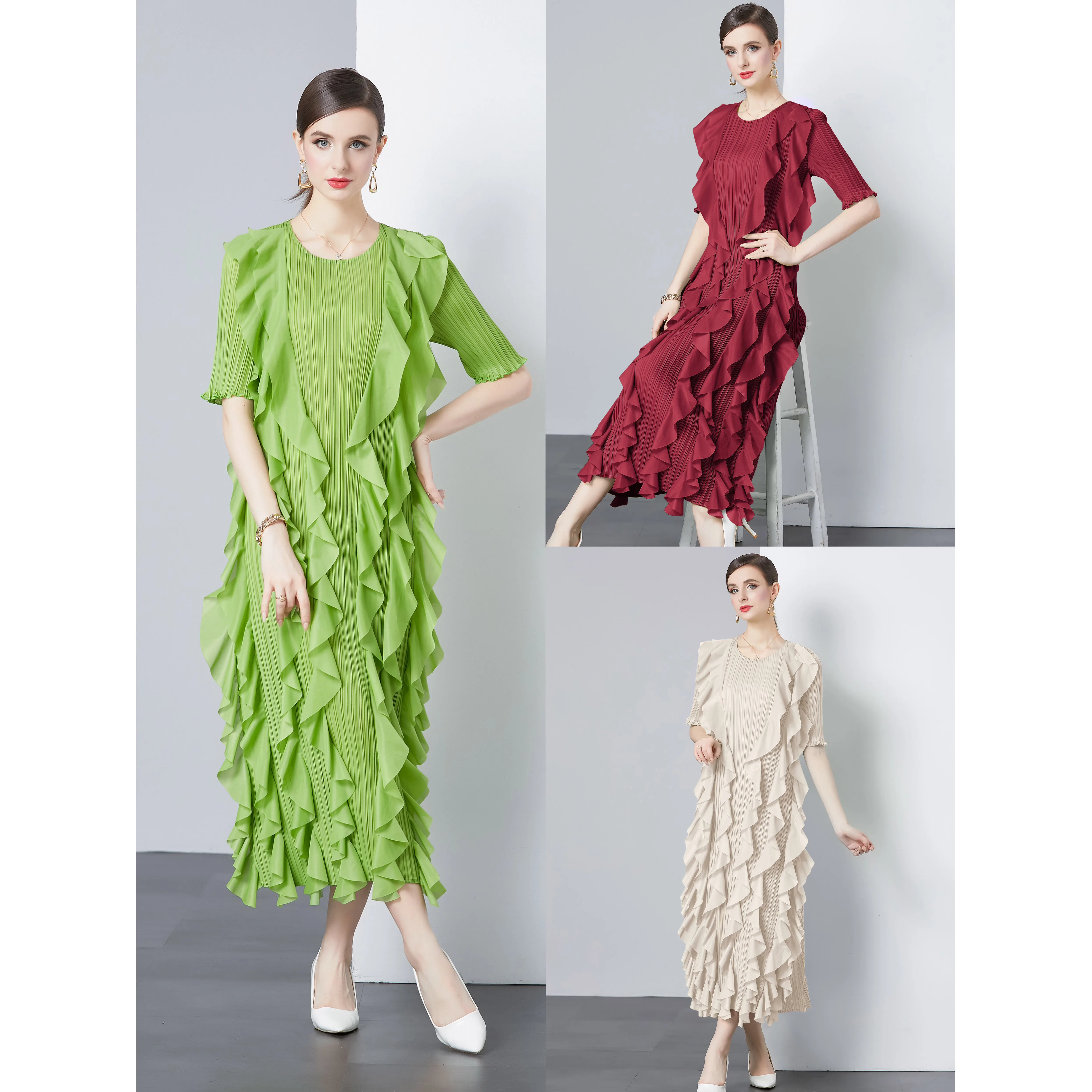 

2024 High Quality Design Wave Edge Mid Sleeved Ruffle Edge Dress Miyake Age Reducing Loose and Sagging Sensation Fashion