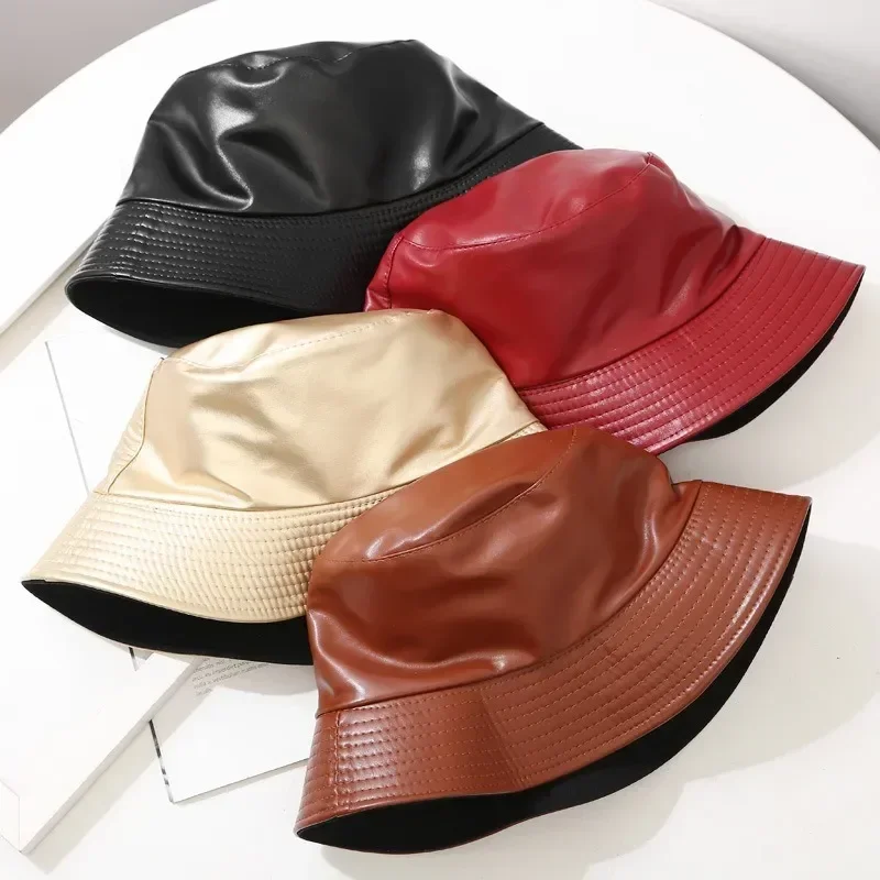 New Autumn Winter Pu Leather Cotton Bucket Hat Men Women Fashion Double Sided Fisherman Hat Outdoor Water Proof Panama Wholesale