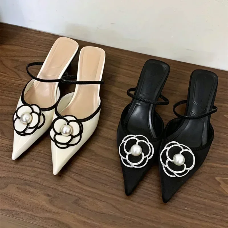 

Flower Pointed Toe High Heels Women Luxury Designer Sandals Female Summer Elegant Fashion Pumps Woman Flower Mule Slippers Women