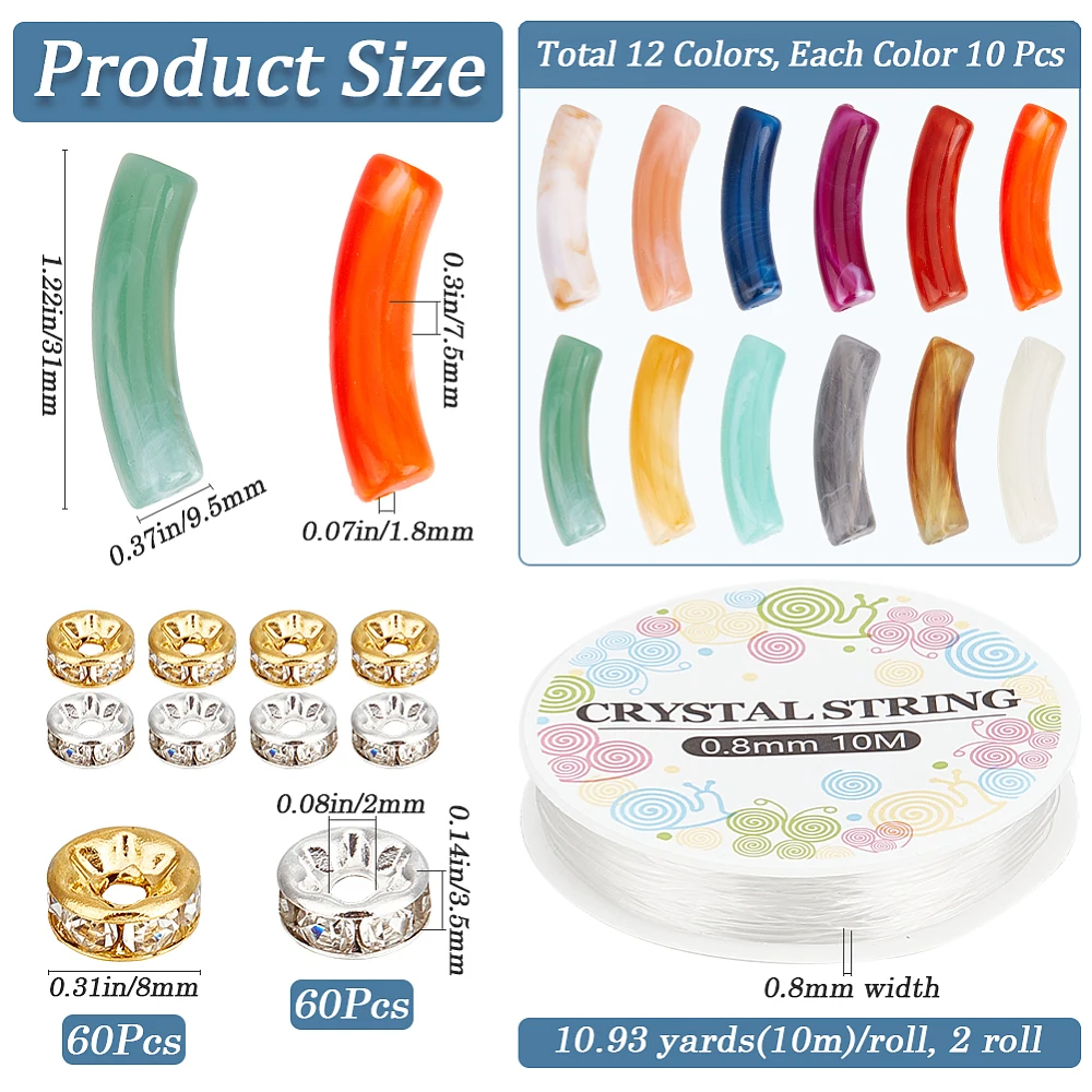 240Pcs Bamboo Tube Beads Curved Bead Tubes with 2 Rolls Thread Colorful Noodle Acrylic Smooth Long Rhinestone Spacer Bead Kit