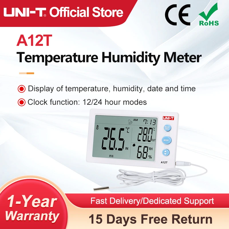 Thermomètre hygromètre numérique LCD UNI-T A12T, mesure de la température et de l'humidité, réveil, station météo, instrument intérieur/extérieur