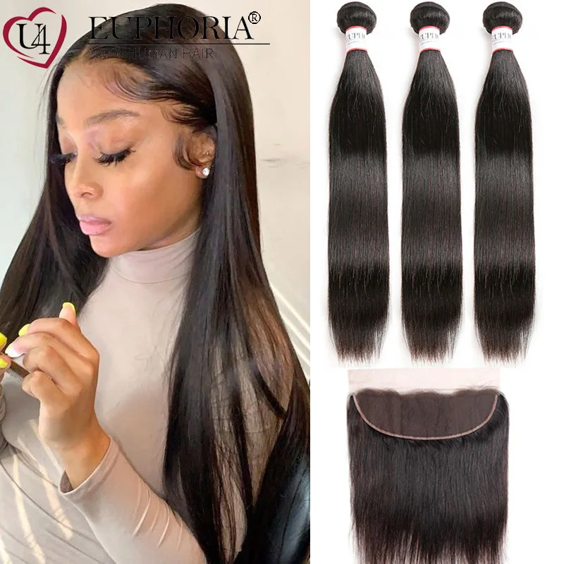 

Natural Color Straight Brazilian Human Hair 3 Bundles With Closure Body Water Wave Bundles With 13x4 Lace Frontal Euphoria