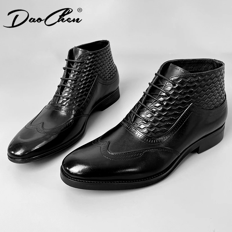 LUXURY MEN'S CHELSEA BOOTS SHOES BLACK BROGUE WINGTIP LACE-UP ANKLE BOOTS CASUAL MEN DRESS SHOES GENUINE LEATHER BOOTS MEN