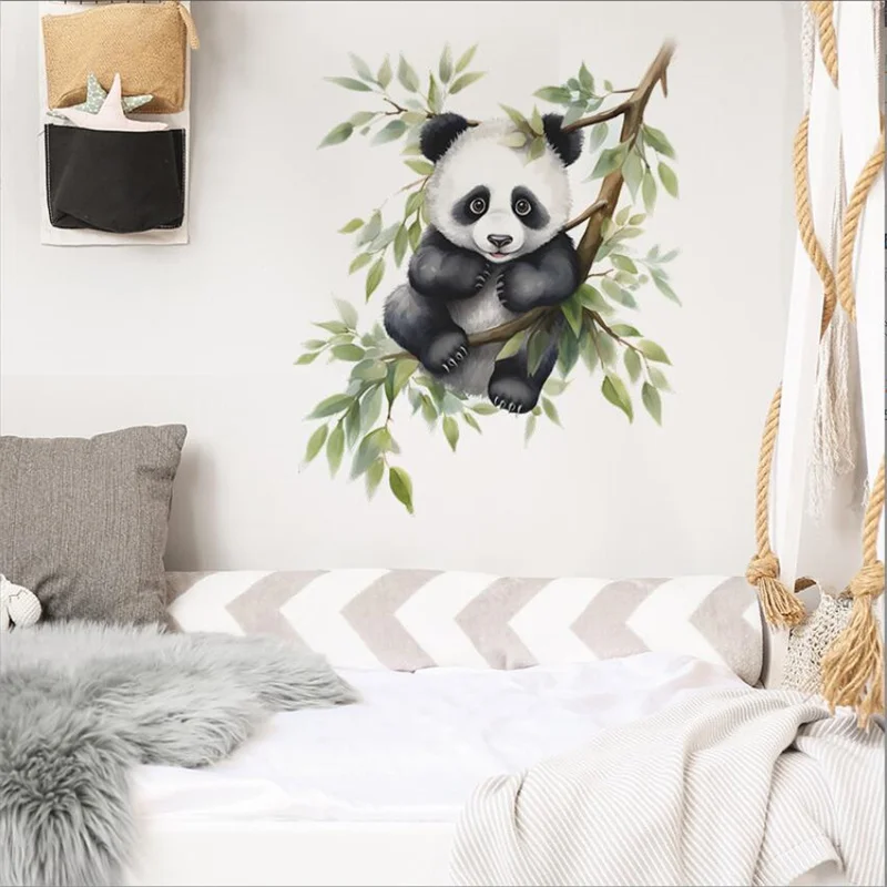 Pegatinas de pared de Panda de rama de dibujos animados para dormitorio de niños, decoración del hogar autoadhesiva, decoración del hogar, murales