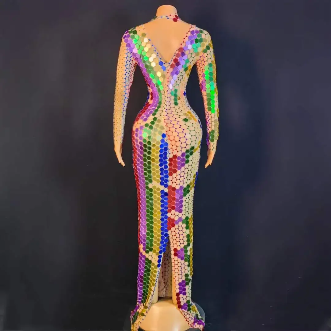 أداء المغني الزي فساتين مرآة ملونة الترتر فستان طويل تمتد المرحلة ارتداء الملونة شبكة عيد ميلاد الملكة القماش