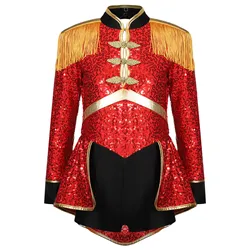 Ringmaster Circus Lion Tamer Cosplay Costume Girl Halloween Leotard Long Sleeve Fringe Epaulet Sequin Bodysuit Carnival Dress Up