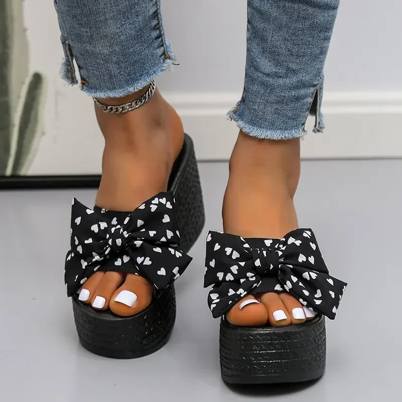 Sandals 9cm Wedge Heels Platform Slippers Women Shoes Bow Applique Riband Polka Dot Snowflake Fabric Bow Flip Flop Light Slide