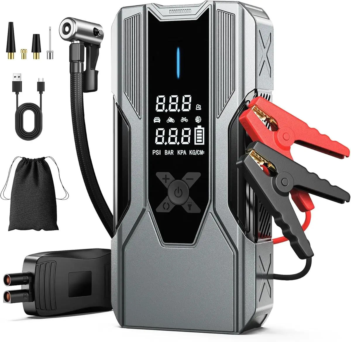 Urządzenie do uruchamiania samochodów z kompresorem powietrza 8000mAh, 150PSI, awaryjny wzmacniacz akumulatora do samochodów osobowych, motocykli, SUV-ów, ciężarówek.