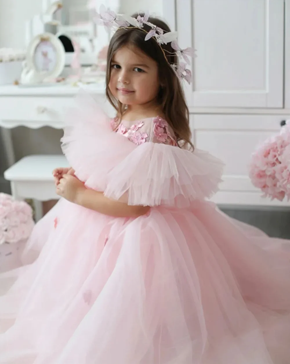 

Customized Blush Pink Flower Girl Dresses For Wedding Tulle Appliques Graceful Princess Birthday Party Formal Events Prom Gown