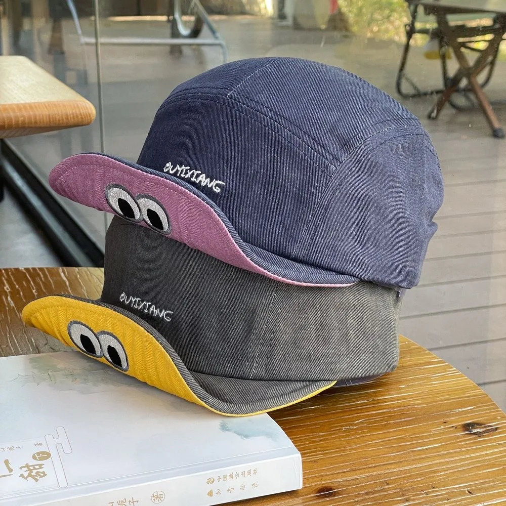 Cartoon Big-Eyed Color-Blocked Short-Brim Work Cap Unisex Vintage Washed Five-Panel Baseball Cap Autumn Street Casual Sunshade Soft-Top Baseball Cap Multiple Colors Available