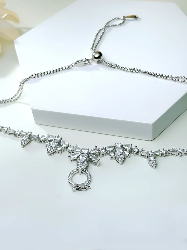 Light Luxury Flower Length Adjustable 925 Sterling Silver Versatile Chain Set with High Carbon Diamond Fashion Wedding Jewelry