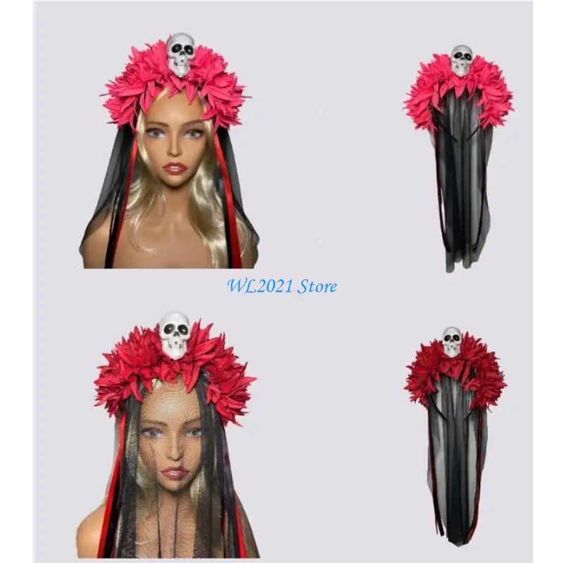 G5GC الرعب عقال الدانتيل الجمجمة غطاء الرأس لوازم الديكور المنزلي للأطفال البالغين فتاة الزفاف هدية عيد ميلاد