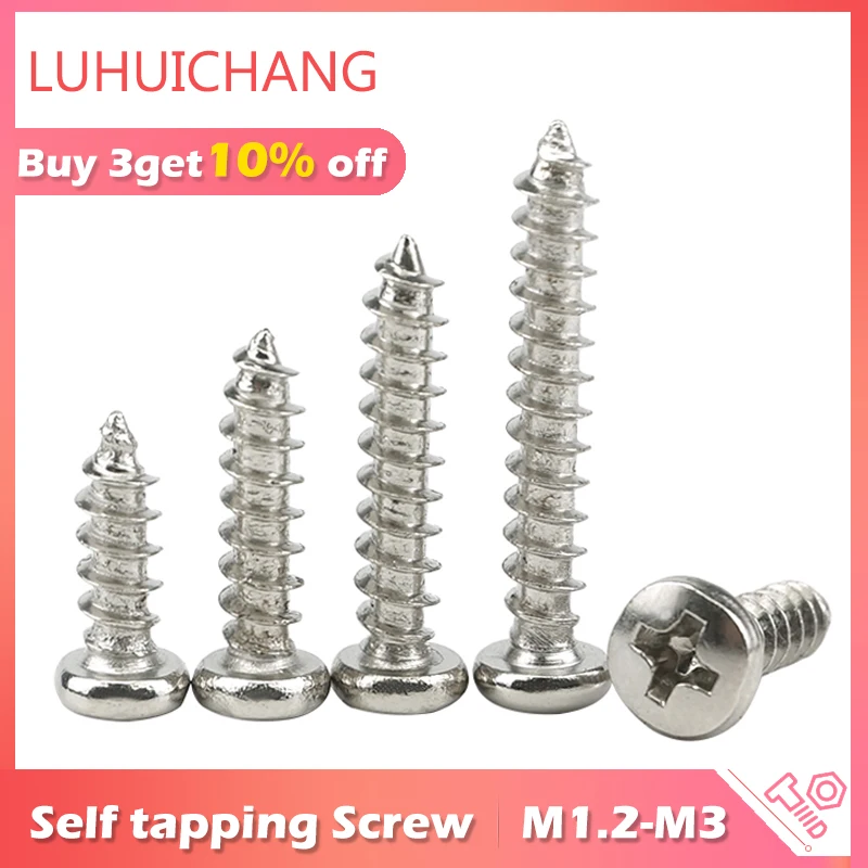 LUCHANG 1000PCS PA Nickeling Philips Self Tapping Micro Screws M1 M1.2 M1.4 M1.7 M2  M3 Computer Screw Small  Round Pan Head