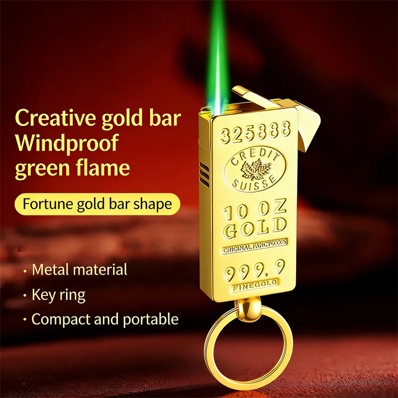 Metal Creative Gold Brick Windproof Jet Green Flame Torch Gas Lighter For Camping BBQ Cigars Candles Gifts Cigarette Accessories