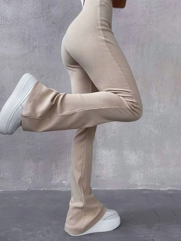 Elastic High Waisted Strench Knitted Pants Slim Korean Fashion Wide Leg Pantalones Straight Sweat Bootcut Trousers Hosen