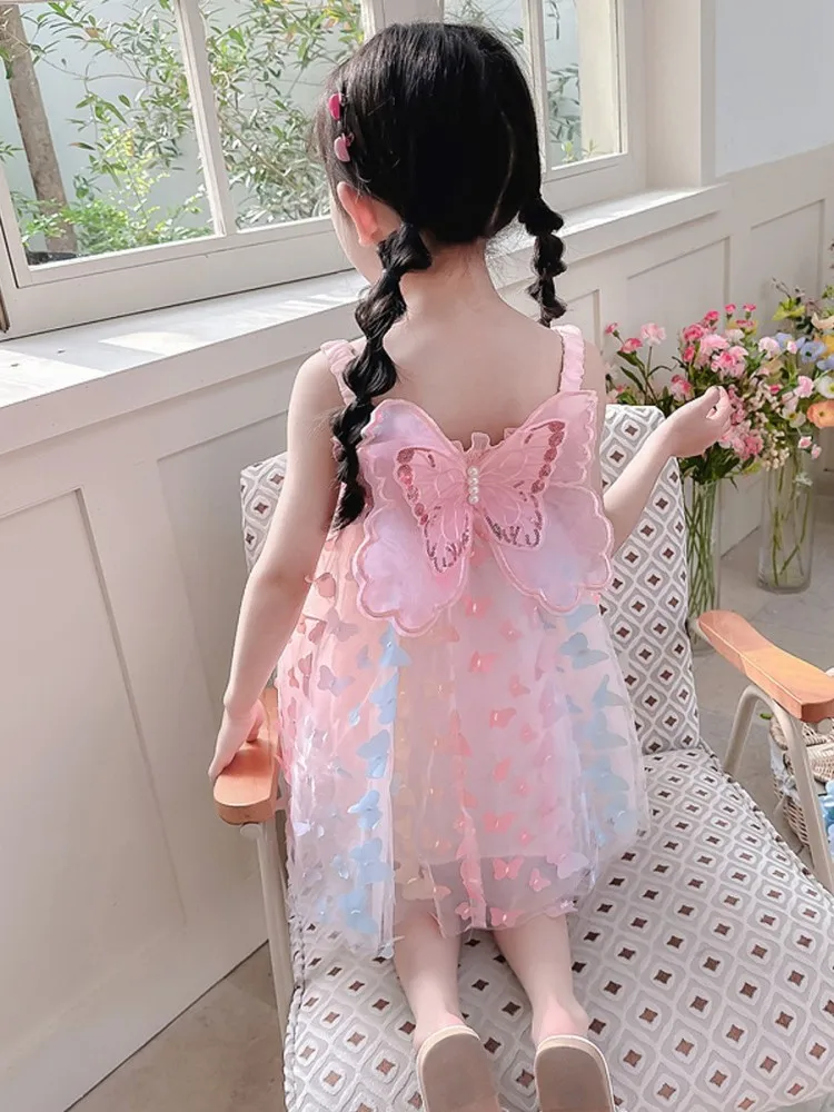 Girls Mesh Sling Dress Beading Big Butterfly Decoration Summer Kids Girl Princess  Ball Party Dresses Christmas Birthday Gift