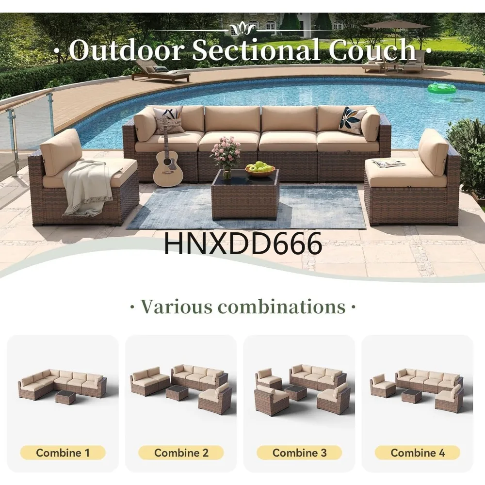 7-teiliges Terrassenmöbel-Set aus Korbgeflecht und Rattan, Gesprächsset für den Außenbereich, Sofagarnitur mit Kaffee