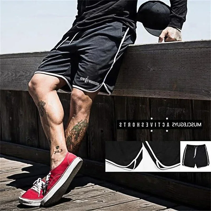 

Summer Breathable Casual Gym Shorts Men Bodybuilding Fitness Knee Length Joggers Workout Sweat Beach Straight Mesh Black Pants