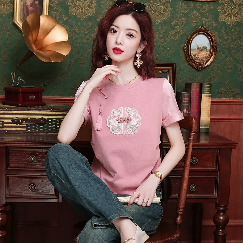 Fashion Chinese Style Embroidery Blouse Women Tops Shirt Summer Short Sleeve Women Blouse Blusas Mujer De Moda 2024 Verano H590