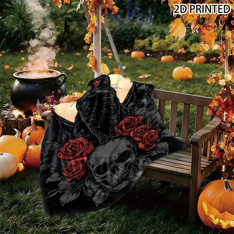 Halloween Themed Throw Blanket, Spooky Black Cat with Red Eyes And Bat Wings on Dark Skull with Red Roses Print, Full Moon And B