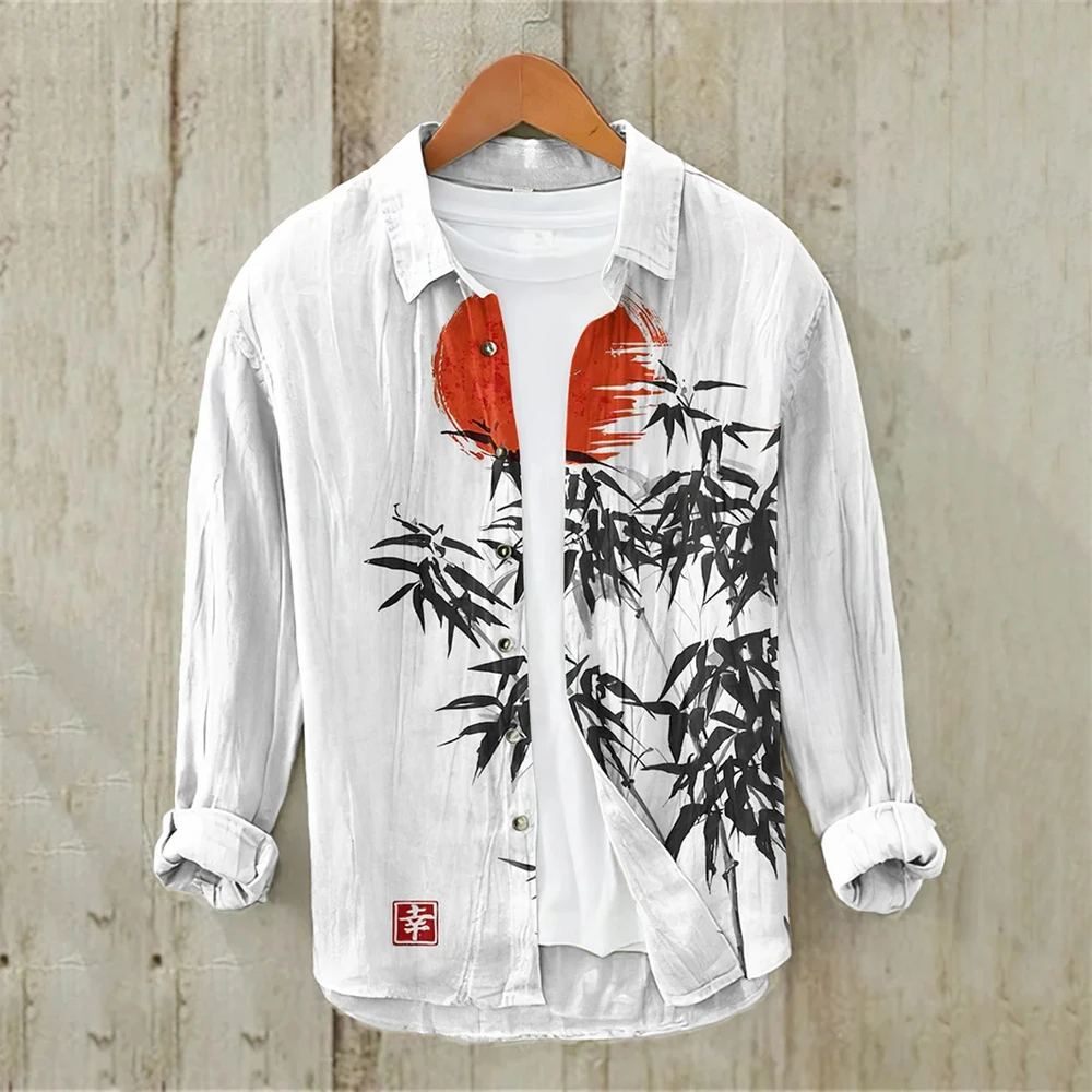 

Men's Long Sleeve Shirt Linen Shirt Japanese Fashion Art Bamboo Illustration High Quality Large Size Men's Clothing