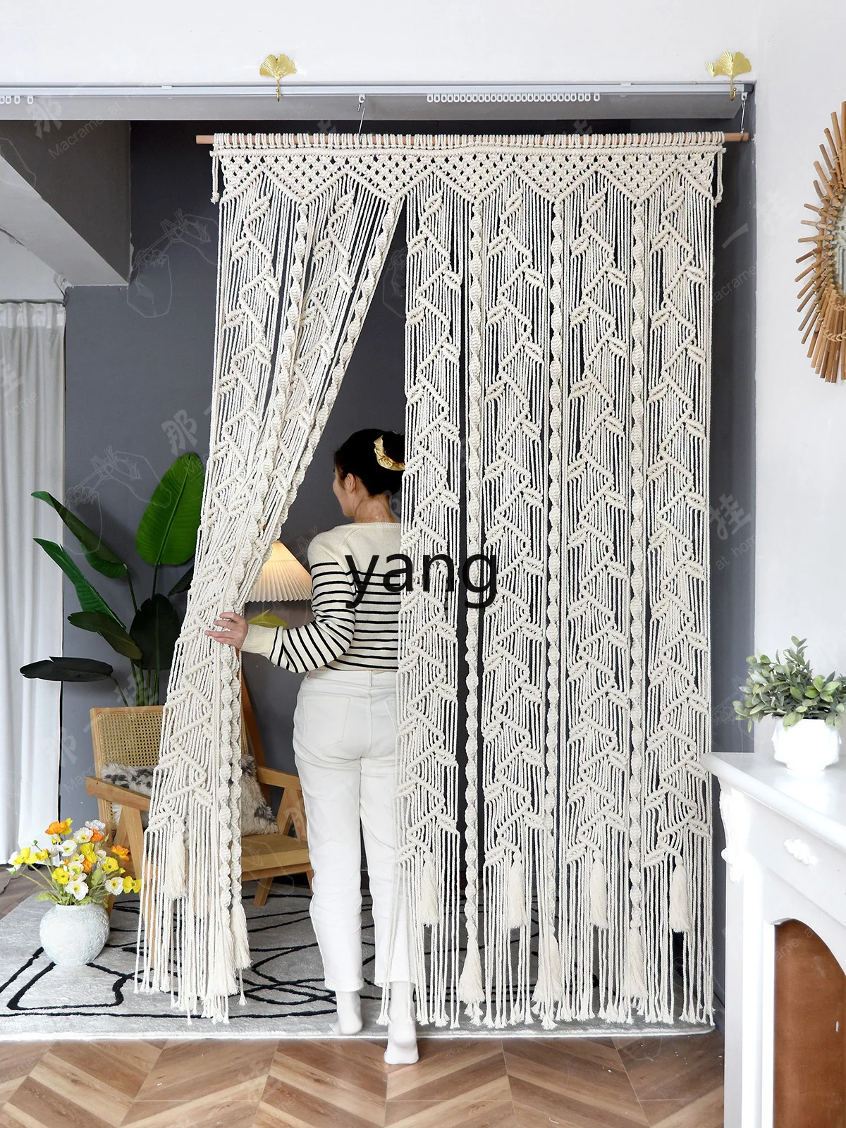 Yjq Hand-Woven Half Shade Portiere Curtains Non-Transparent Punch-Free B & B Decorative Curtain