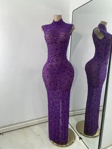 Luxury Purple Rhinestones Long Party Dress Celebrity Women Sexy Sleeveless Mesh See Through Prom Gown Club Birthday Dresses