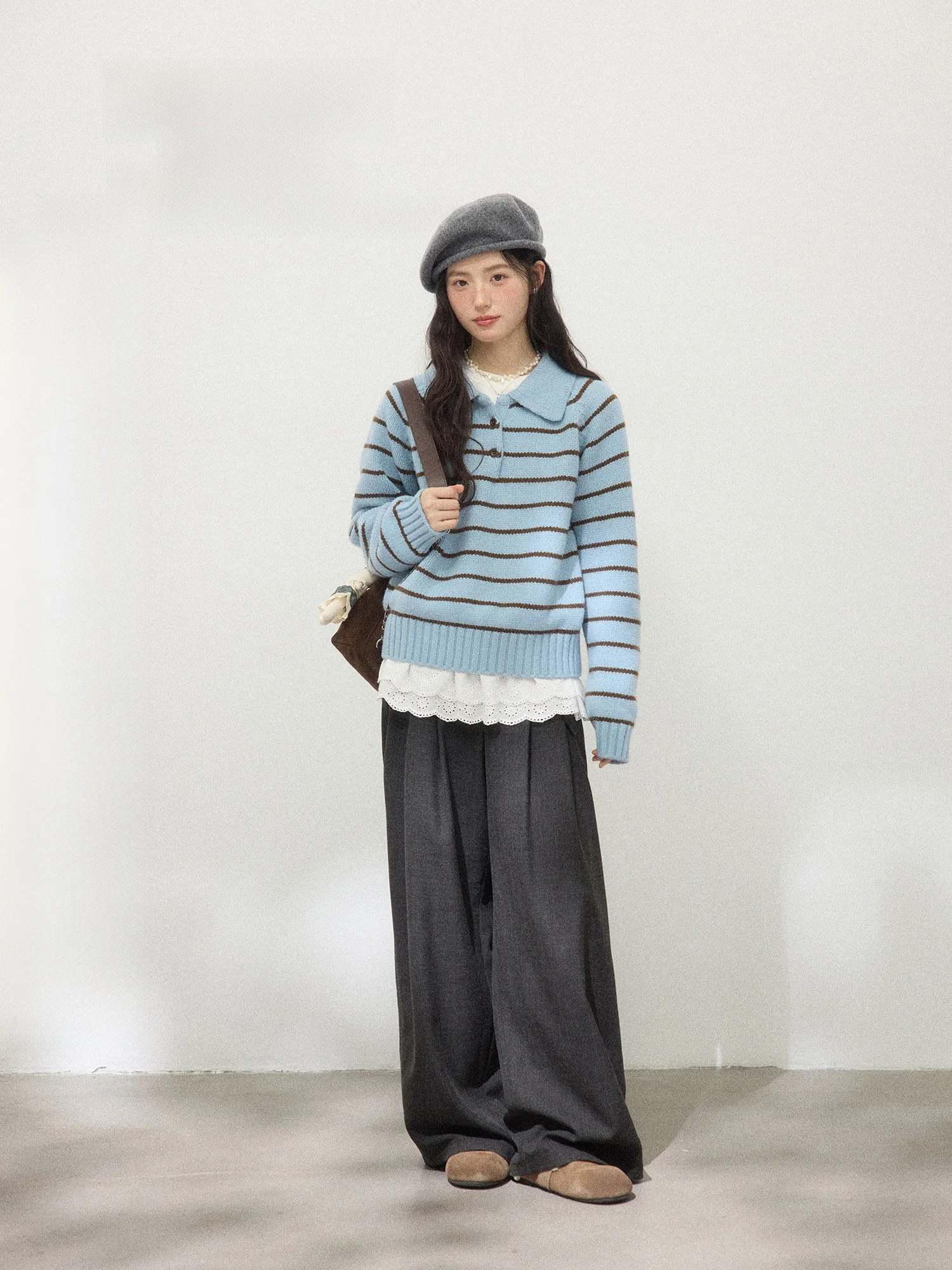 

ORWhite Vintage Ne Striped Sweater Women Winter Loose Thiened Knitted Top Warm Slimming Blue Color Commute Sle