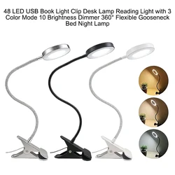 48 LED USB Book Light Clip Desk Lamp Reading Light With 3Color Mode 10 Brightness Dimmer 360° Flexible GooseneckBed Night Lamp