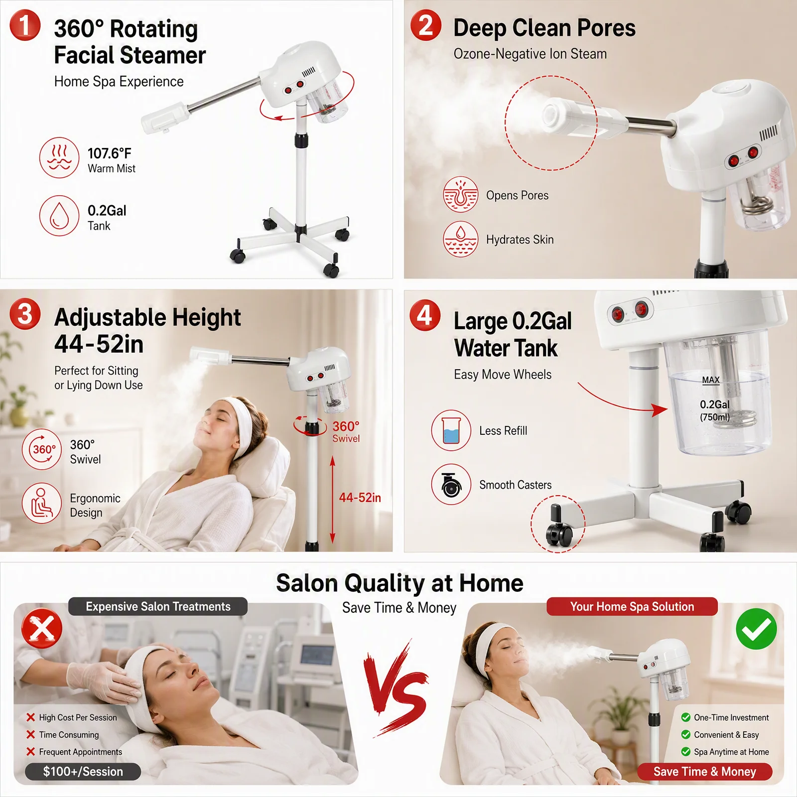 360 °   Rotating Facial Steamer – Ozone Ionic Warm Mist – Adjustable Height 44-52