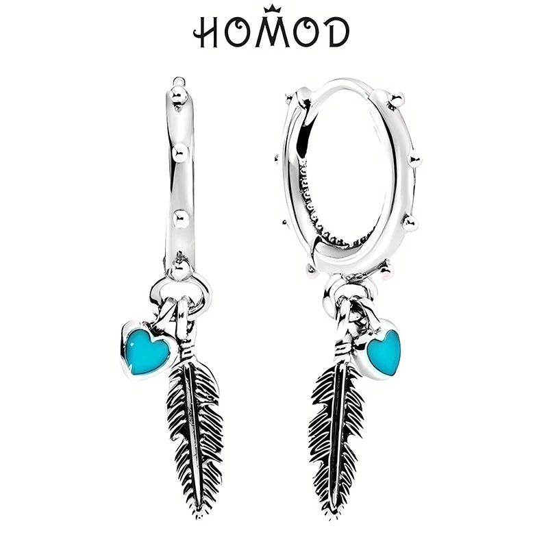 HOMOD Fashion Silver Color Earings For Women Feather Hear Pendant Earring Female Jewelry Gifts Bohemia pendientes mujer