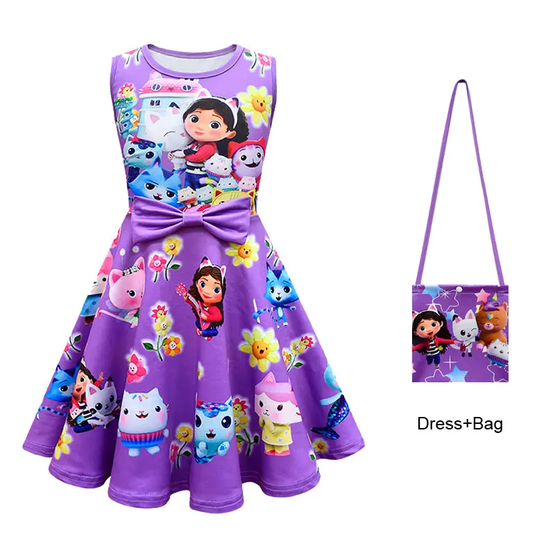 Summer Gabbys Dollhouse Dress For Teen Girl Costume Gabby Doll House Kid Up Print Bow Party Princess Frock Children Tunic